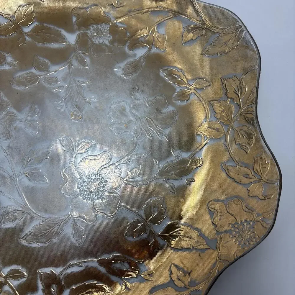 Vintage Etched Glass Plate 11” Gold Floral Scalloped Edge Mid-Century